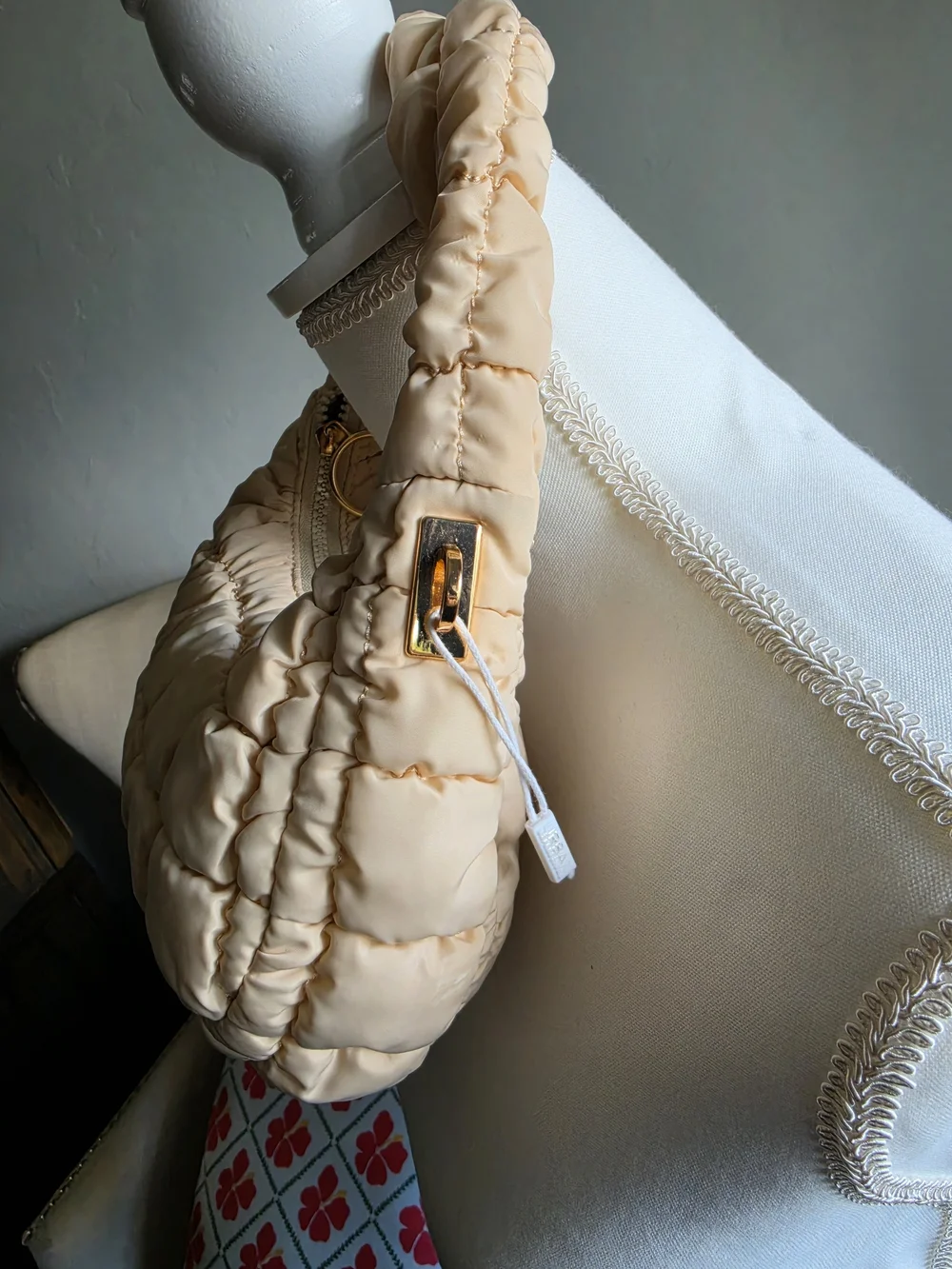 Urban Expressions Small Nylon Quilted Crescent Hobo - Cream - Picture 3 of 12